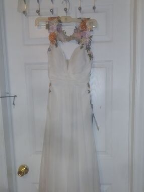 La Femme Ivory Chiffon Gown with Multicolor Floral Halter